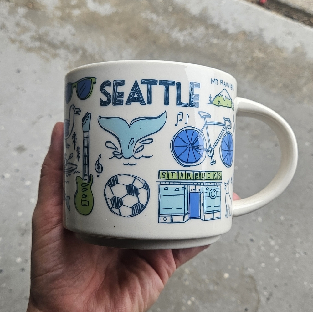 Starbucks Seattle Mug - White with Blue and Green Illustrations